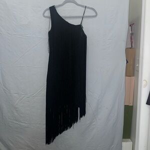 Aidan Mattox Black Asymmetrical Fringe Dress